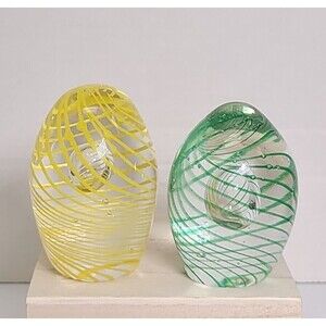 2 Vintage Glass Paperweight Yellow/Green Swirl Egg Hand Blown Controlled Bubble